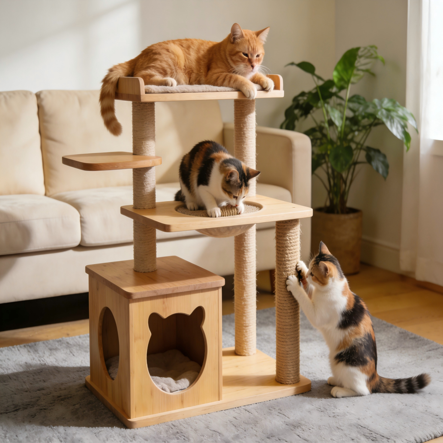 Modern Wooden Cat Tree with Scratching Posts & Cozy Condo